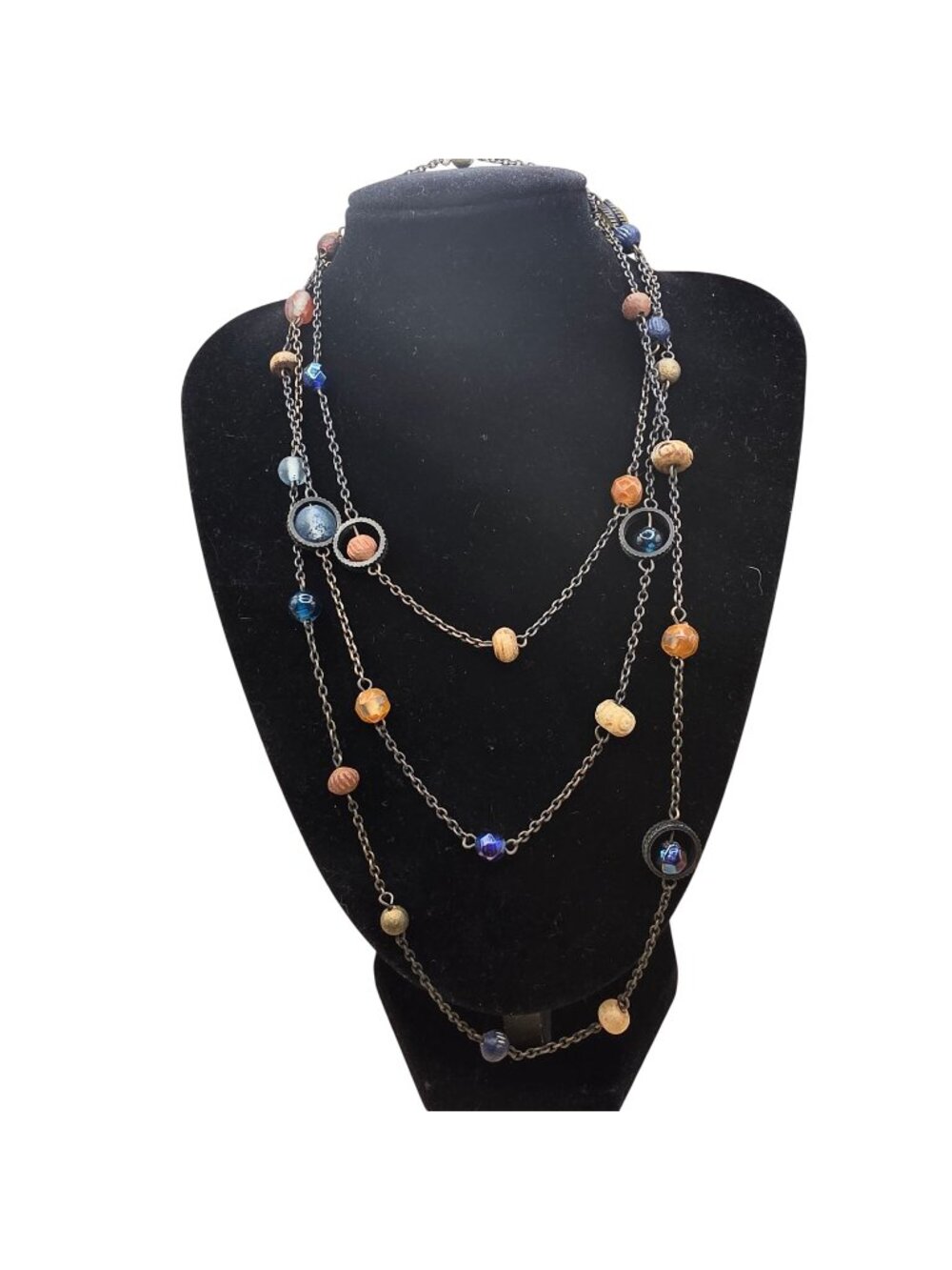 Long Station Necklace 50" Gold Tone Amber Boho Beaded Layered Multicolor